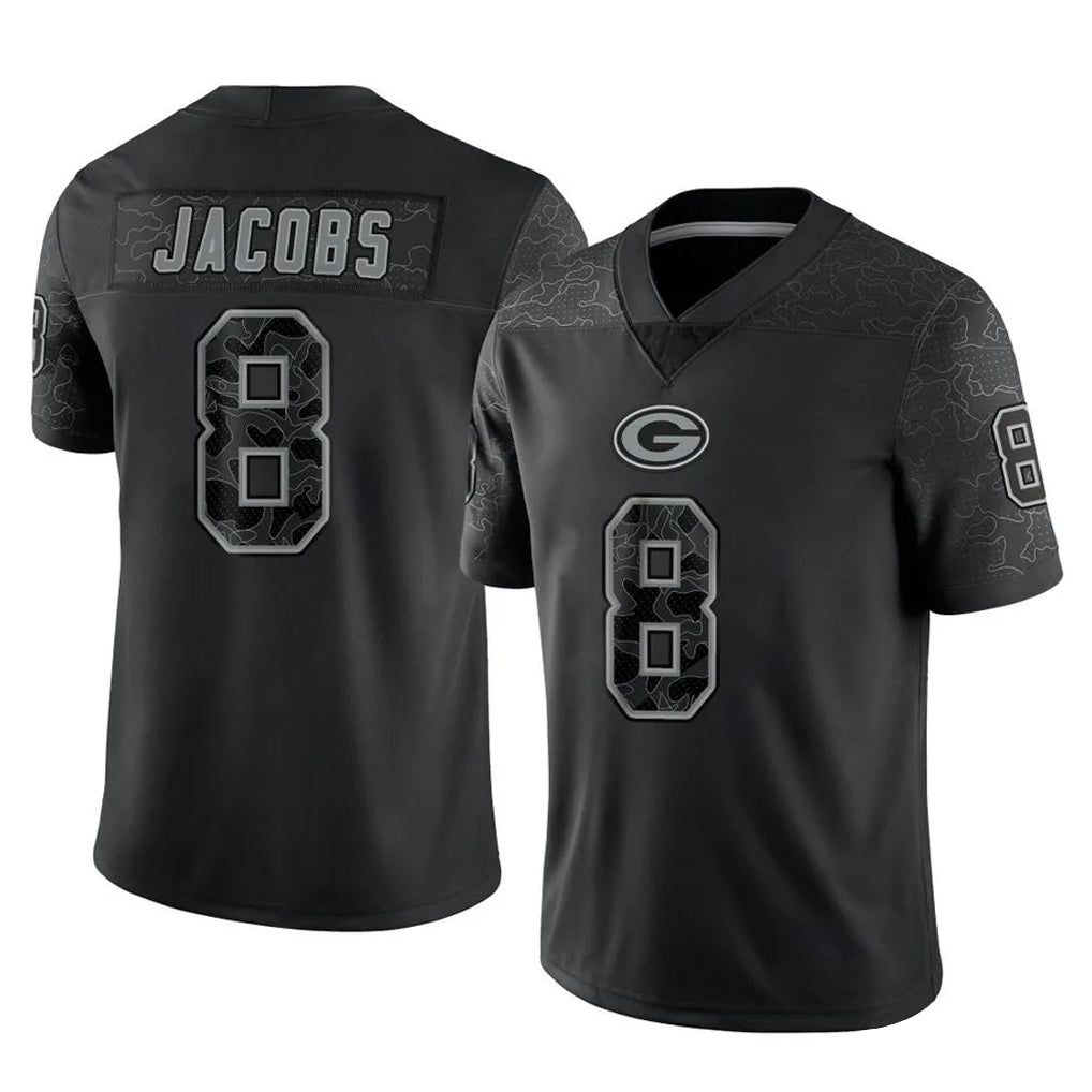 GB.Packers #8 Josh Jacobs Player Black Reflective Limited Home Game Ddoa Stitched Jerseys