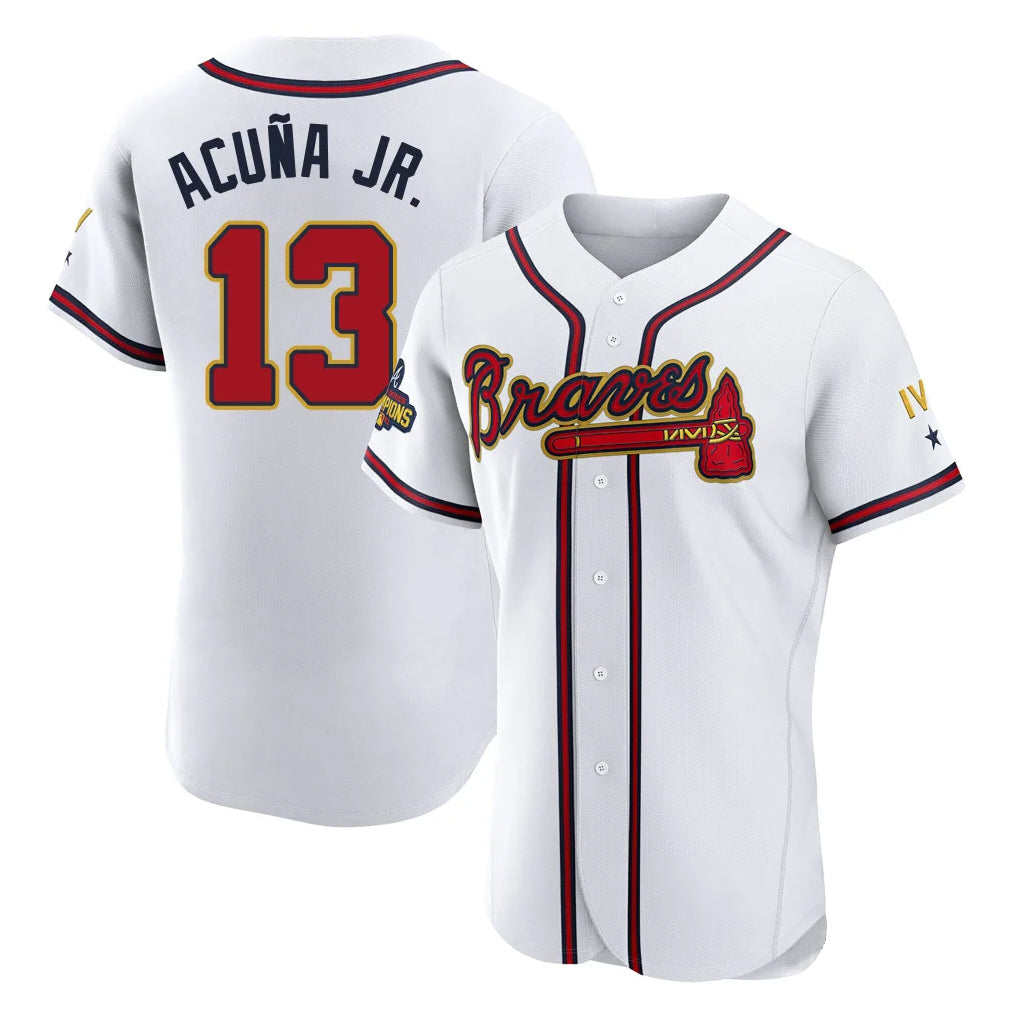 A.Braves #13 Ronald Acuna Jr Player White Gold Limited Elite Home Game Ddoa Stitched Jerseys