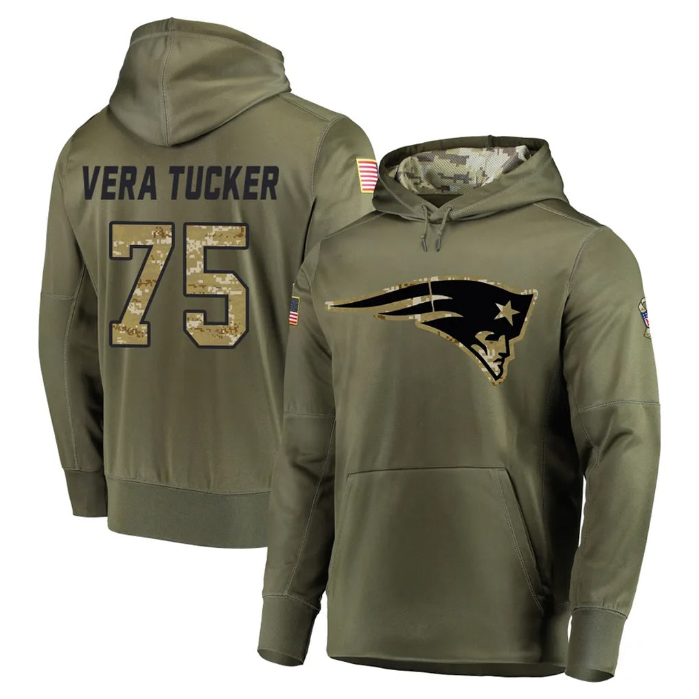 NE.Patriots #75 Alijah Vera-Tucker Player Olive Salute to Service Pullover Hoodies Home Game Ddoa Stitched Jerseys