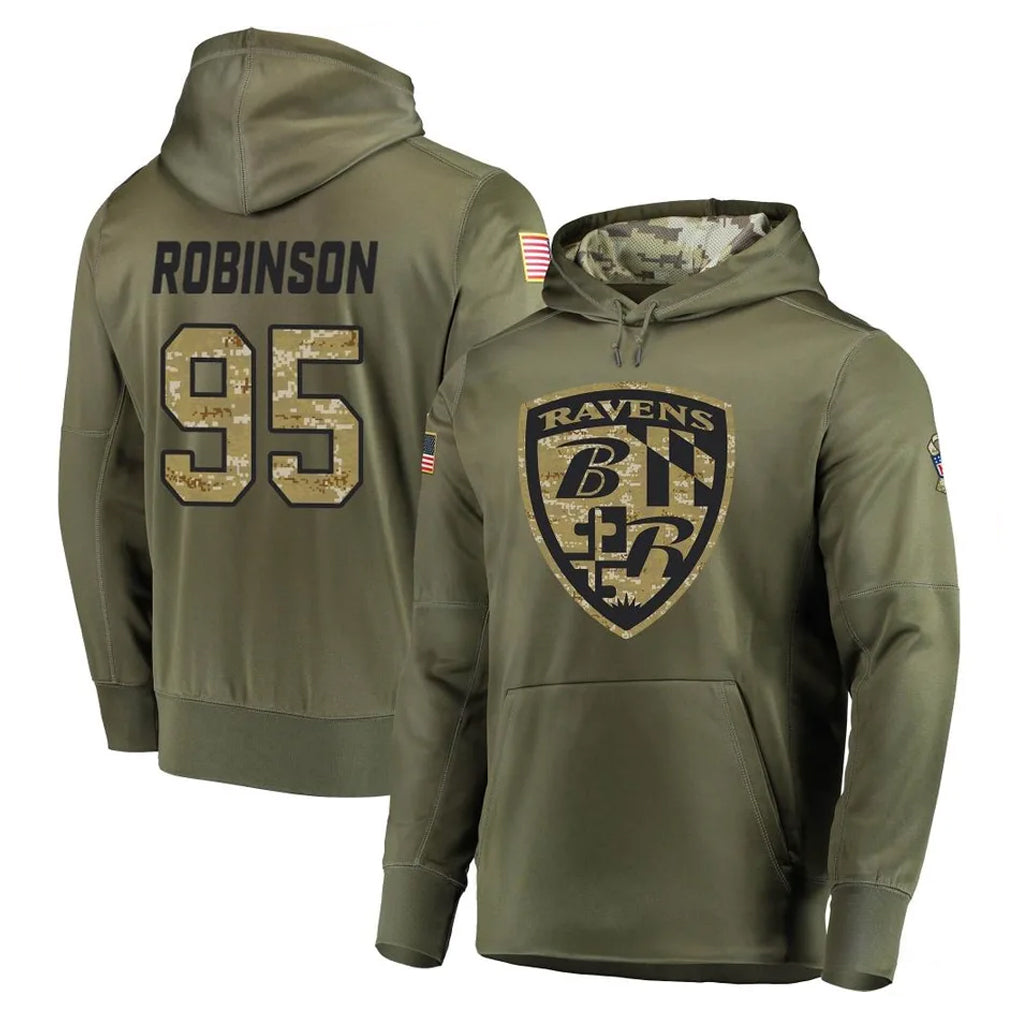 B.Ravens #95 Tavius Robinson Player Olive Salute to Service Pullover Hoodie Ddoa Stitched Jerseys
