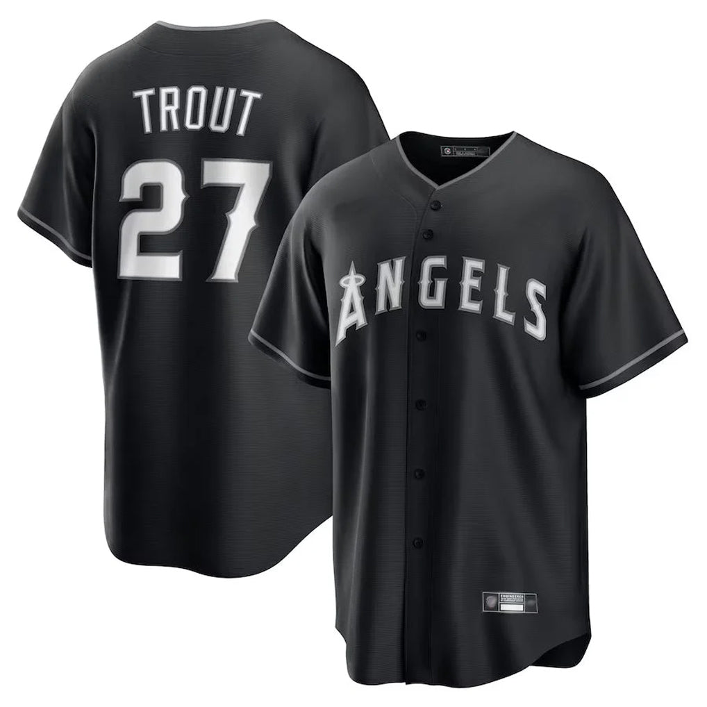 LA.Angels #27 Mike Trout Player Black Lights Out Fashion T-shirt Ddoa Stitched Jerseys