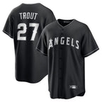 LA.Angels #27 Mike Trout Player Black Lights Out Fashion T-shirt Ddoa Stitched Jerseys