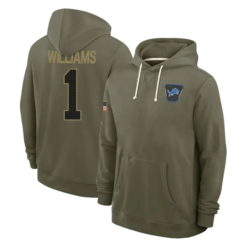 D.Lions #1 Jameson Williams Player Olive Salute to Service Pullover Hoodies Limited Ddoa Stitched Jerseys