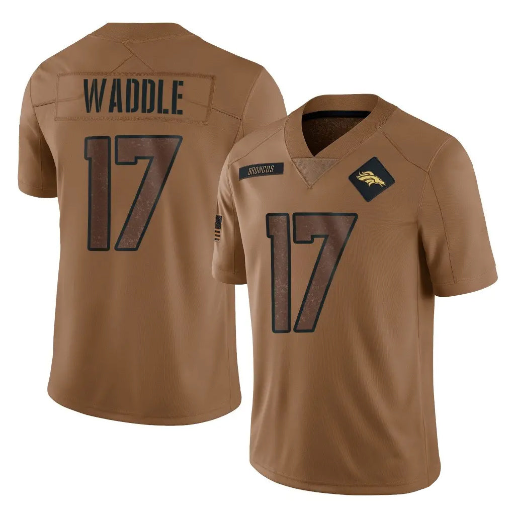 D.Broncos #17 Jaylen Waddle Player Brown Salute To Service Limited Ddoa Stitched Jerseys
