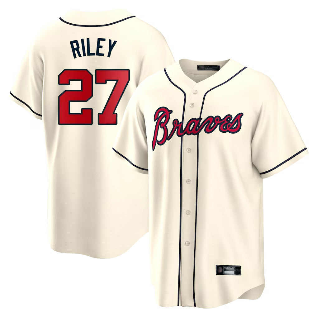 A.Braves #27 Austin Riley Player Cream Home Game Ddoa Stitched Jerseys