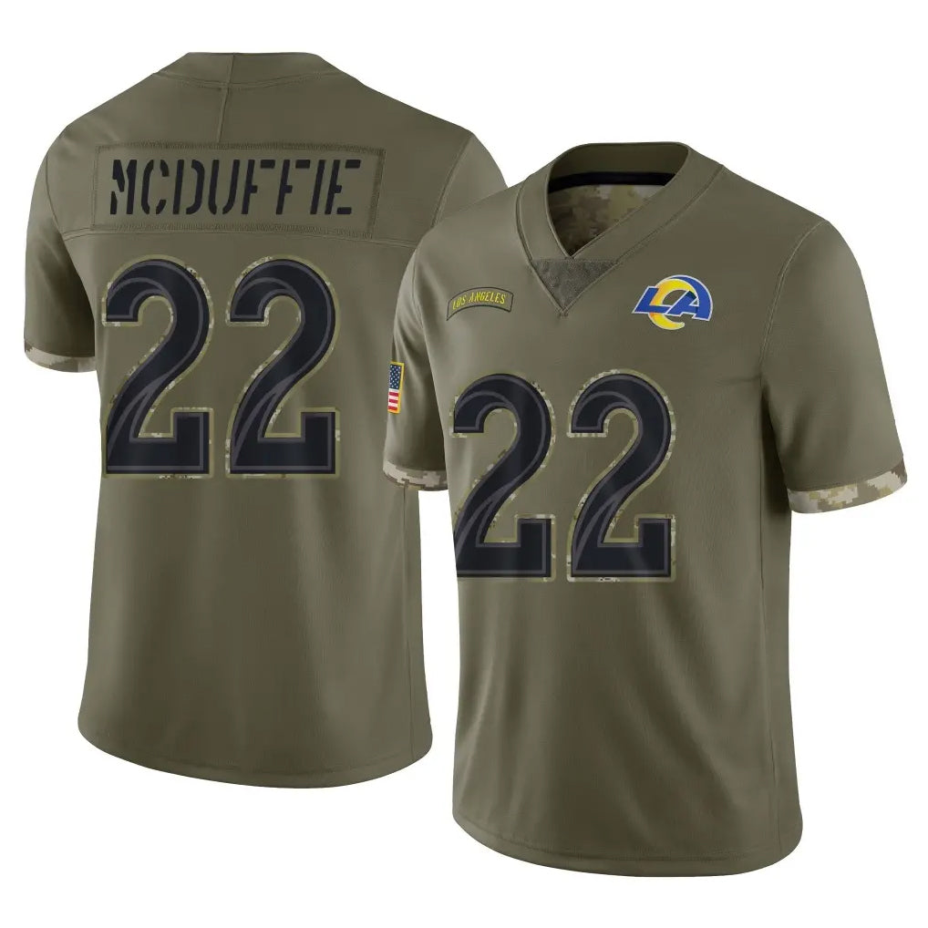 LA.Rams #22 Trent McDuffie Player Olive Salute To Service Limited Ddoa Stitched Jerseys