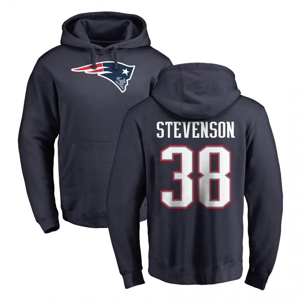NE.Patriots #38 Rhamondre Stevenson Player Navy LOGO Pullover Hoodies Home Game Ddoa Stitched Jerseys