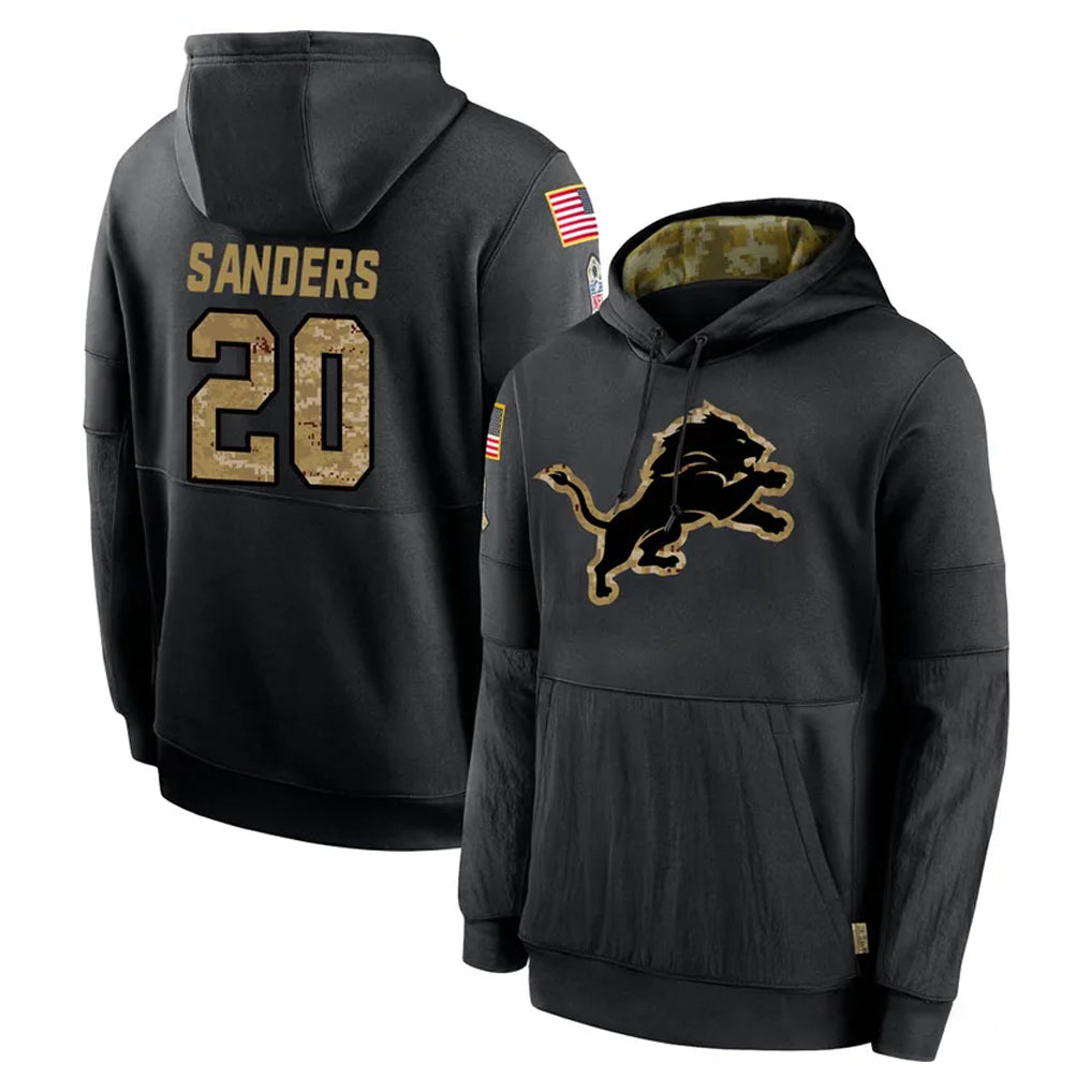 D.Lions #20 Barry Sanders Player Black Salute to Service Hoodies Limited Game Ddoa Stitched Jerseys