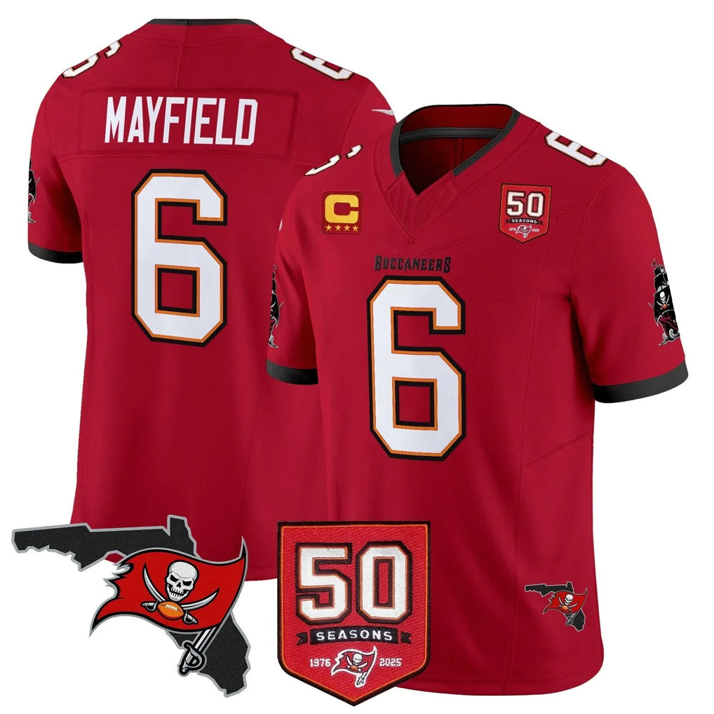 TB.Buccaneers #6 Baker Mayfield Player Red 50th Season Vapor Limited Home Game Ddoa Stitched Jerseys