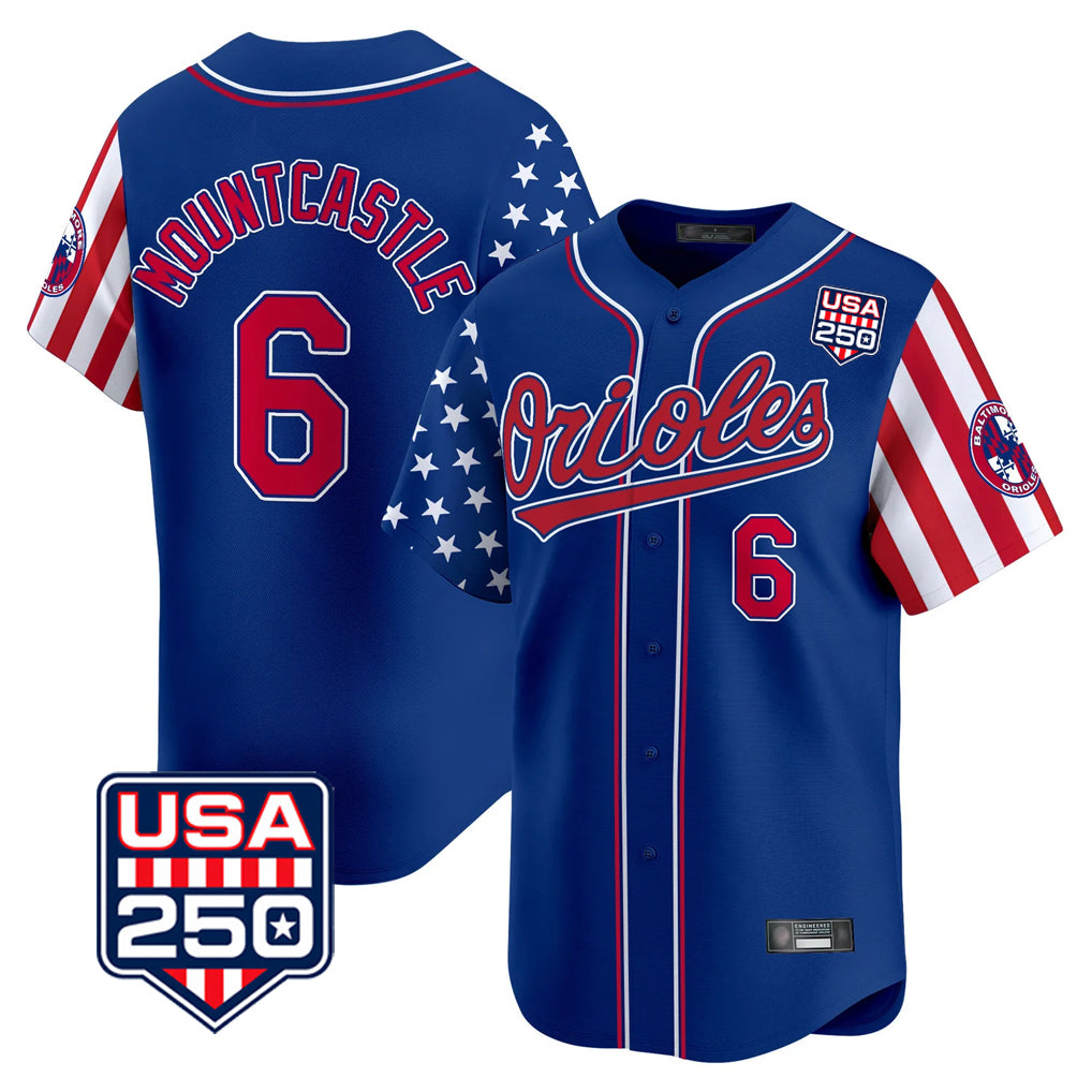 B.Orioles #6 Ryan Mountcastle Player Royal USA 250 Independence Day Vapor Premier Limited Home Game Ddoa Stitched Jerseys