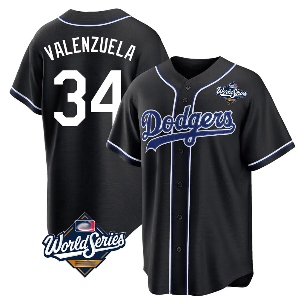 LA.Dodgers #34 Fernando Valenzuela Player Black World Series Carbon Limited Home Ddoa Stitched Jerseys