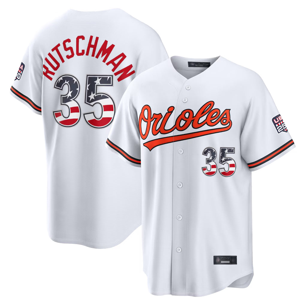 B.Orioles #35 Adley Rutschman Player White USA 250 Fourth of July Home Game Ddoa Stitched Jerseys