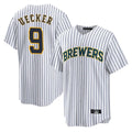 M.Brewers #9 Bob Uecker Player White Stripes Home Game Ddoa Stitched Jerseys