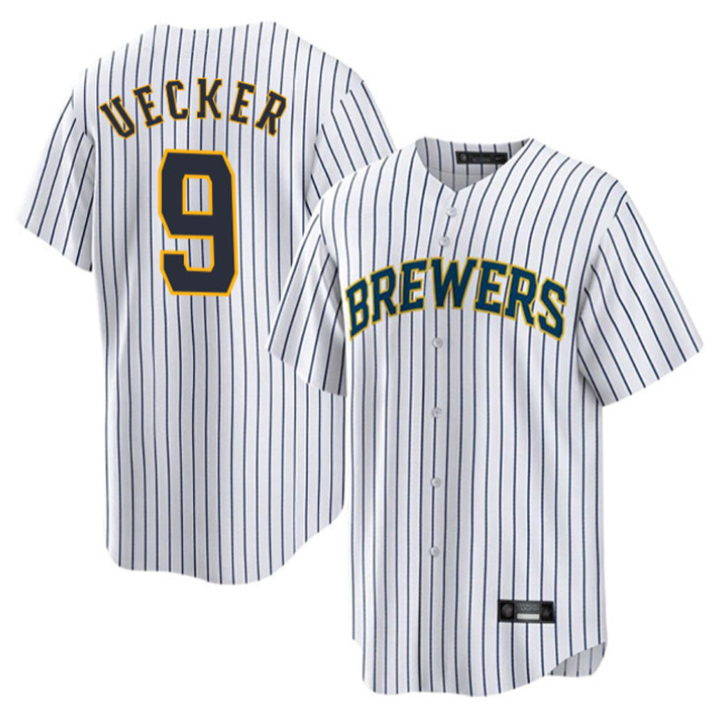 M.Brewers #9 Bob Uecker Player White Stripes Home Game Ddoa Stitched Jerseys