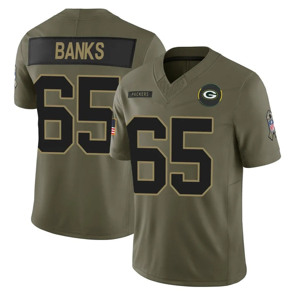 GB.Packers #65 Aaron Banks Player Olive 2025 Salute To Service Limited Home Game Ddoa Stitched Jerseys