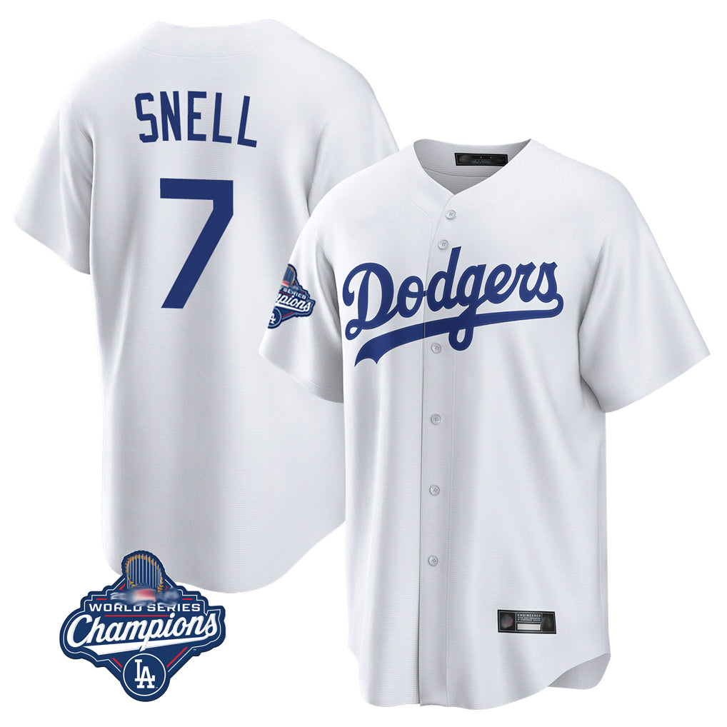 LA.Dodgers #7 Blake Snell Player White Game World Series Meet Ddoa Stitched Jerseys