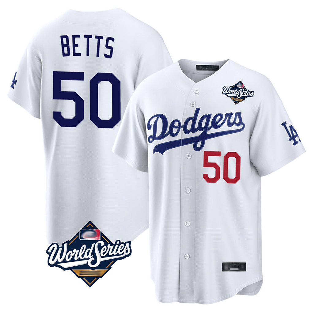 LA.Dodgers #50 Mookie Betts Player White World Series Home Game Ddoa Stitched Jerseys