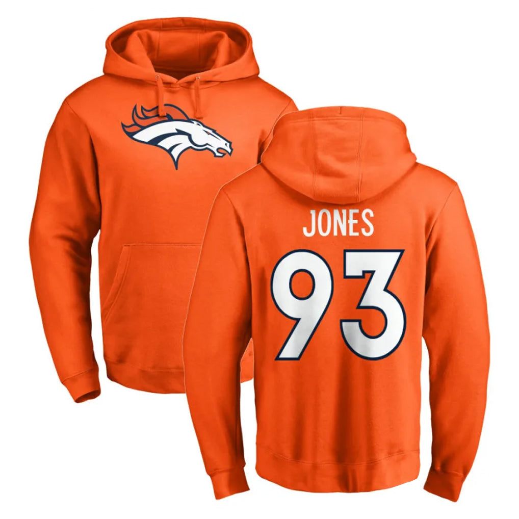 D.Broncos #93 D.J. Jones Player Orange Pullover Hoodie Limited Ddoa Stitched Jerseys