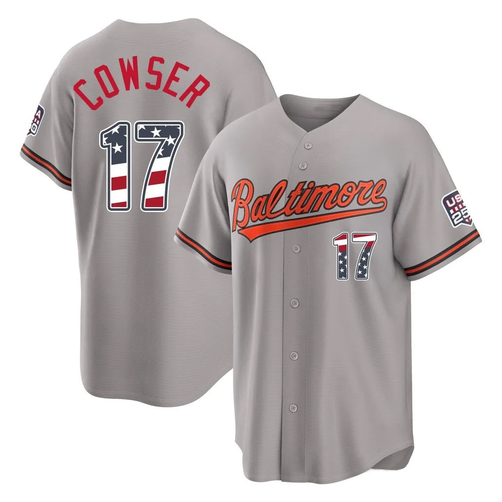 B.Orioles #17 Colton Cowser Player Gray USA 250 Fourth of July Home Game Ddoa Stitched Jerseys