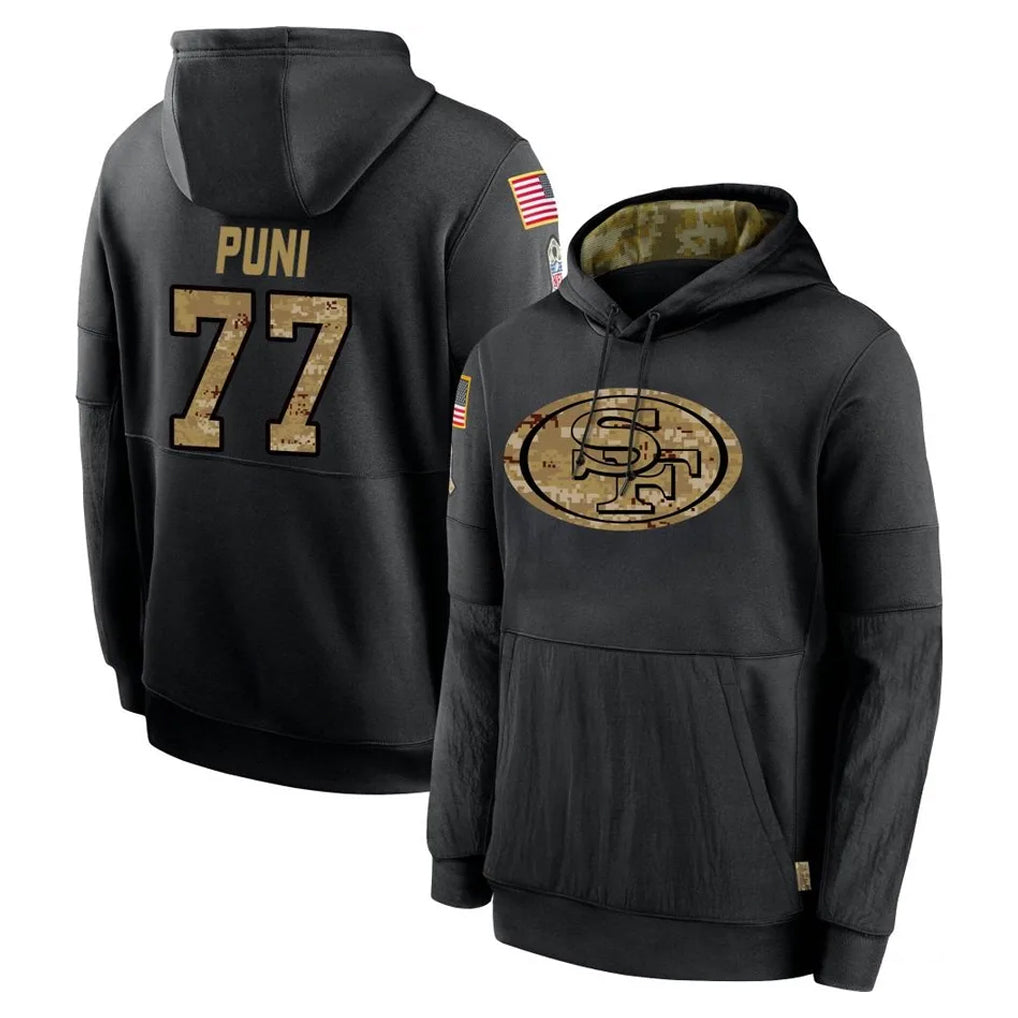 SF.49ers #77 Dominick Puni Player Black Salute to Service Sideline Performance Pullover Hoodies Home Game Ddoa Stitched Jerseys