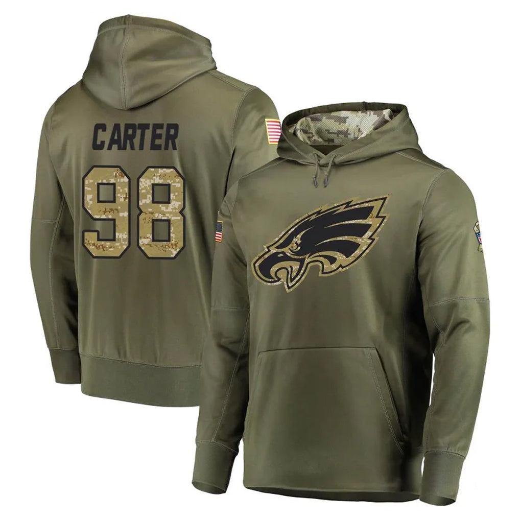 P.Eagles #98 Jalen Carter Player Olive Salute to Service Pullover Hoodies Home Game Ddoa Stitched Jerseys