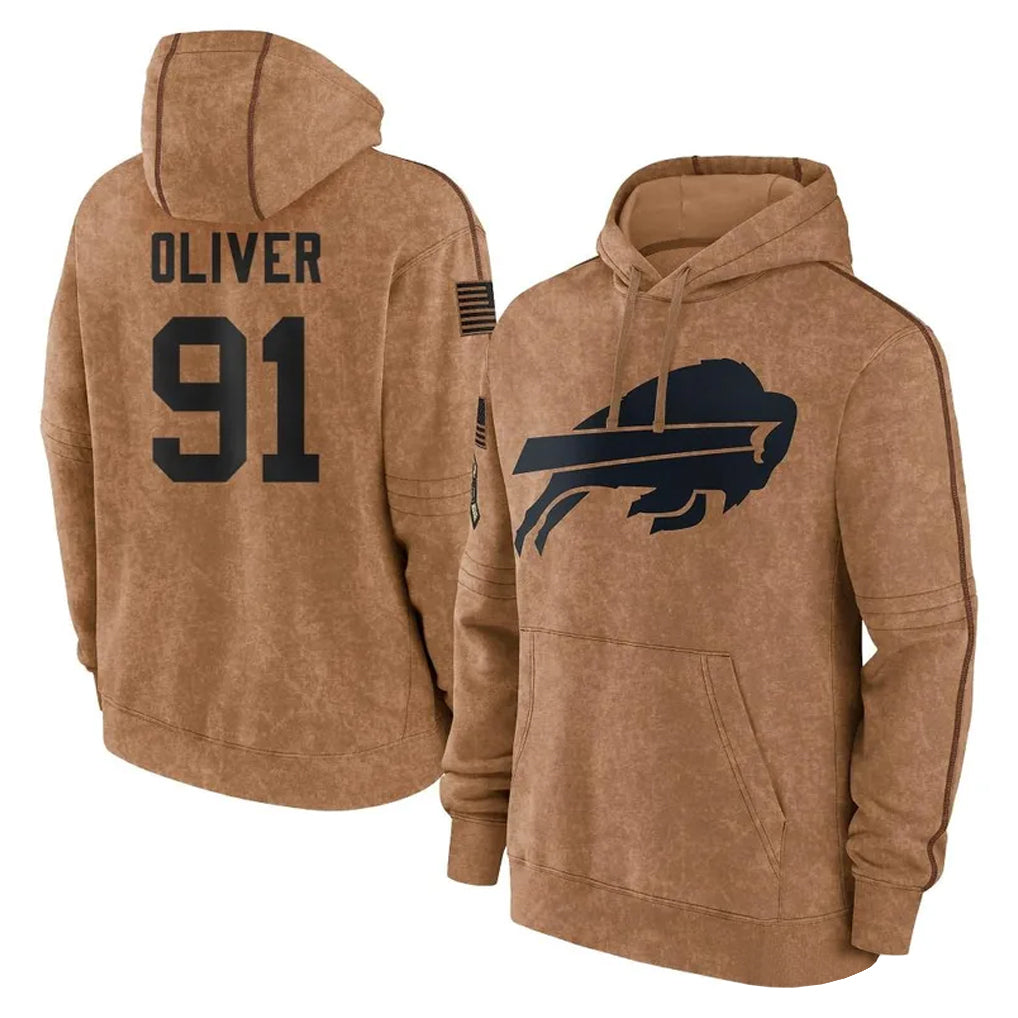 B.Bills #91 Ed Oliver Player Brown Salute to Service Hoodies Ddoa Stitched Jerseys
