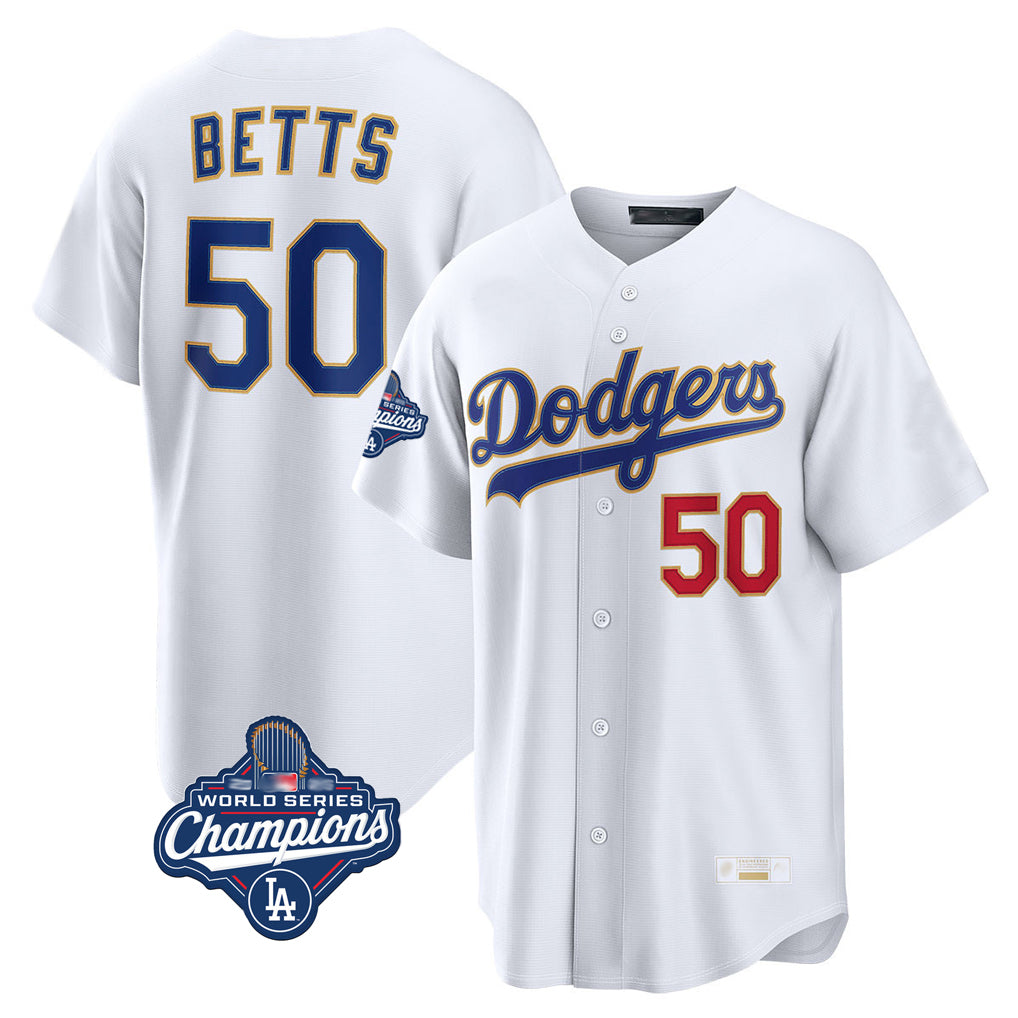 LA.Dodgers #50 Mookie Betts Player Gold White World Series Meet Collection Limited Home Ddoa Stitched Jerseys