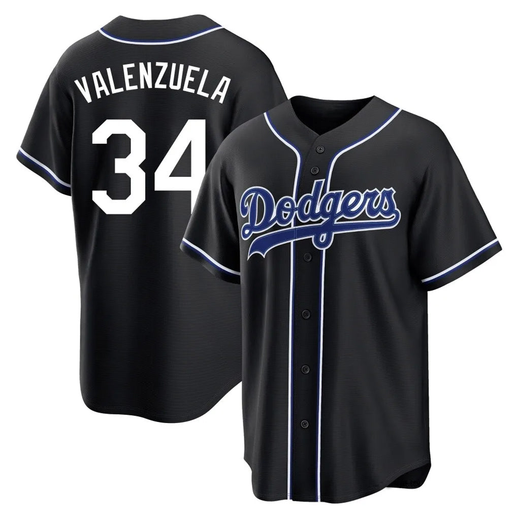 LA.Dodgers #34 Fernando Valenzuela Player Black Carbon Limited Home Ddoa Stitched Jerseys