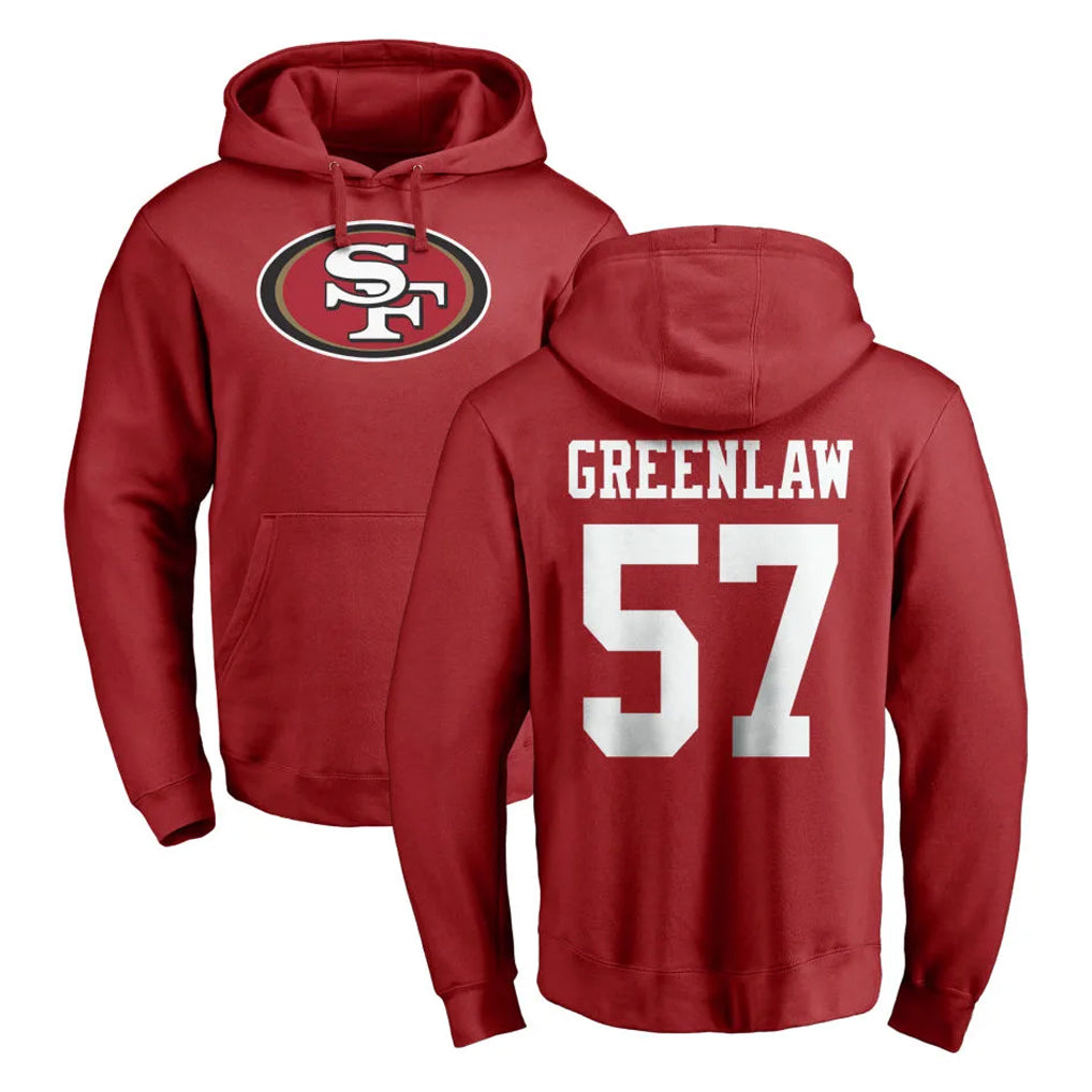 SF.49ers #57 Dre Greenlaw Player Red LOGO Pullover Hoodies Home Game Ddoa Stitched Jerseys