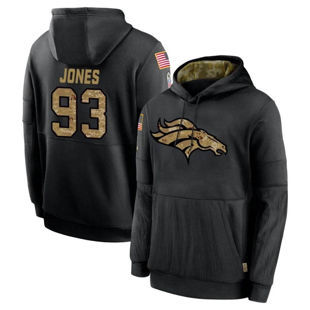 D.Broncos #93 D.J. Jones Player Black Salute to Service Pullover Hoodies Limited Ddoa Stitched Jerseys