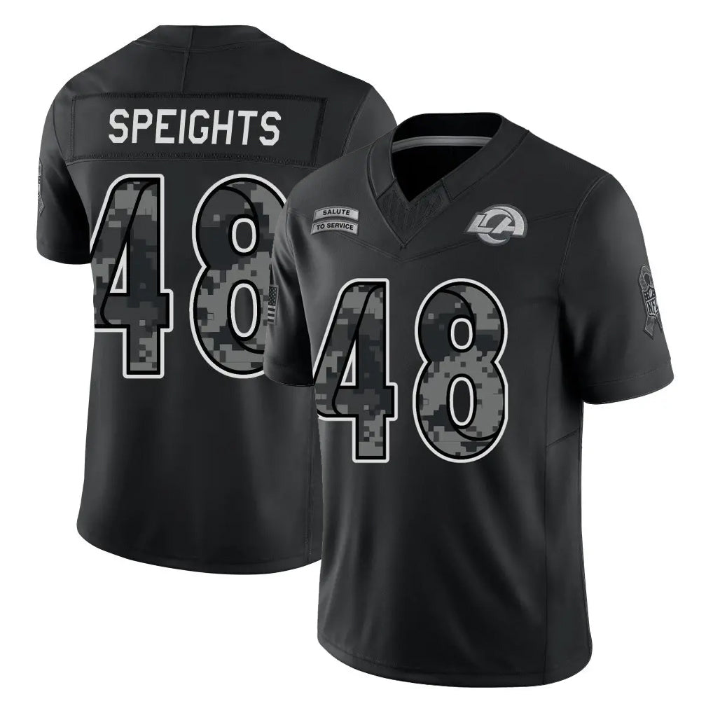 LA.Rams #48 Omar Speights Player Black Limited 2026 Salute to Service Home Game Ddoa Stitched Jerseys