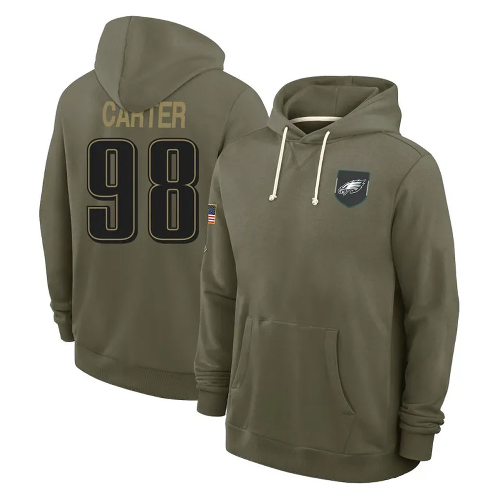 P.Eagles #98 Jalen Carter Player Olive Salute to Service Pullover Hoodies Limited Ddoa Stitched Jerseys