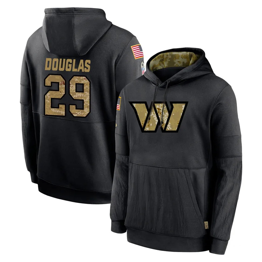 W.Commanders #29 Rasul Douglas Player Black Salute to Service Performance Pullover Hoodies Home Game Ddoa Stitched Jerseys