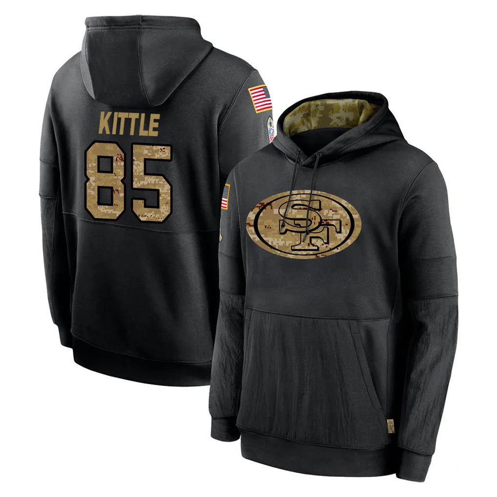 SF.49ers #85 George Kittle Player Black Salute to Service Sideline Performance Pullover Hoodies Home Game Ddoa Stitched Jerseys