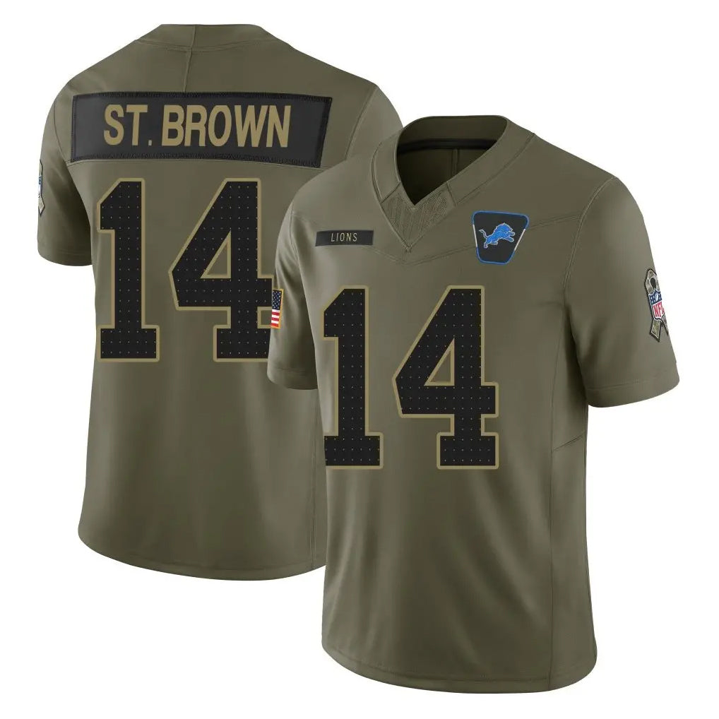 D.Lions #14 Amon-Ra St. Brown Player Olive 2025 Salute To Service Limited Home Game Ddoa Stitched Jerseys