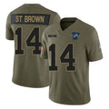 D.Lions #14 Amon-Ra St. Brown Player Olive 2025 Salute To Service Limited Home Game Ddoa Stitched Jerseys