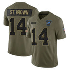 D.Lions #14 Amon-Ra St. Brown Player Olive 2025 Salute To Service Limited Home Game Ddoa Stitched Jerseys