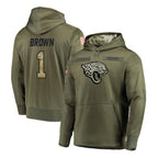 J.Jaguars #1 Montaric Brown Player Olive Salute to Service Pullover Hoodies Home Game Ddoa Stitched Jerseys