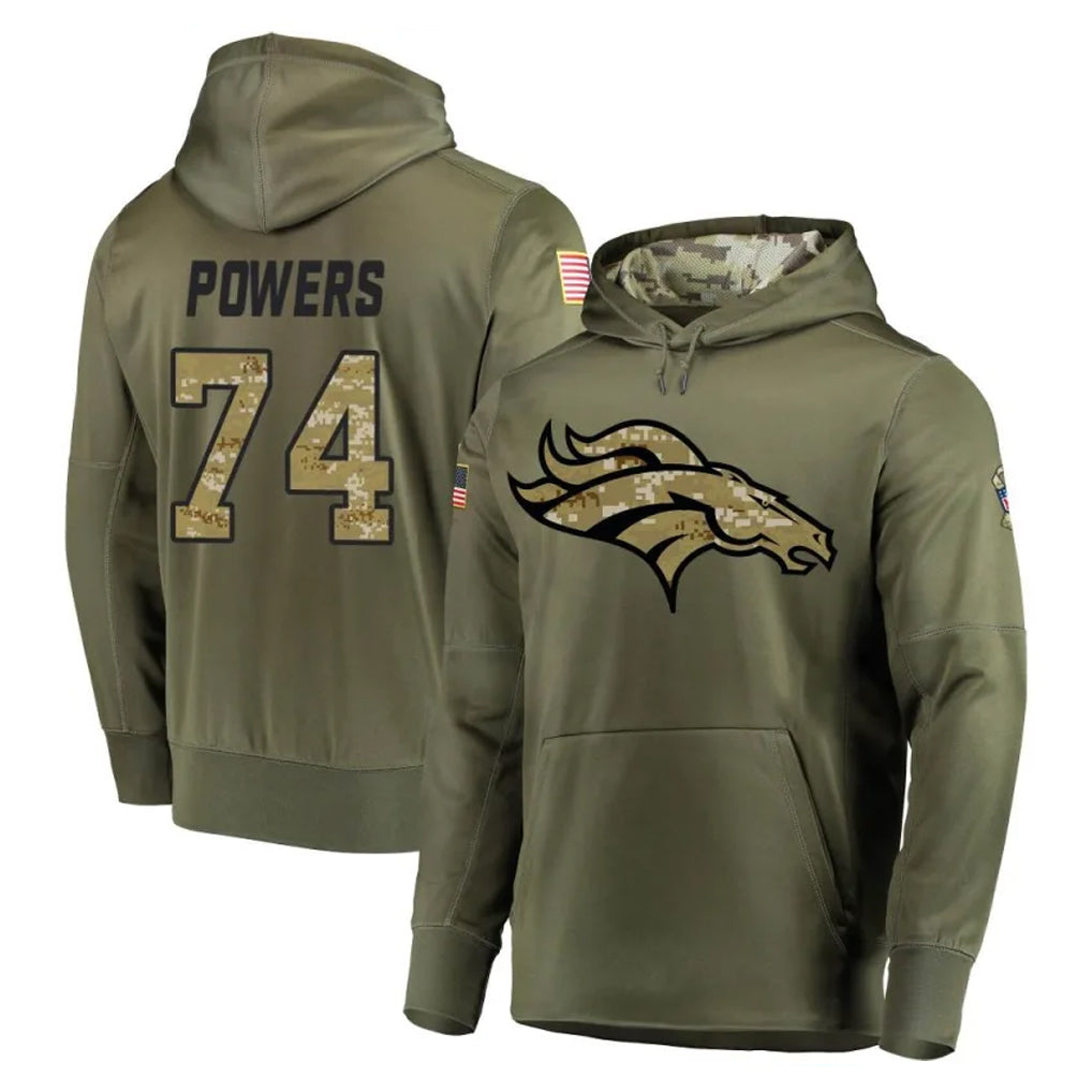D.Broncos #74 Ben Powers Player Olive Salute to Service Pullover Hoodies Home Game Ddoa Stitched Jerseys