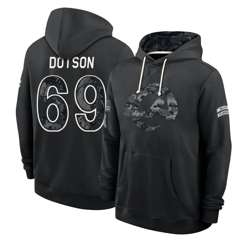 LA.Rams #69 Kevin Dotson Player 2026 Black Logo Pullover Hoodies Limited Game Ddoa Stitched Jerseys