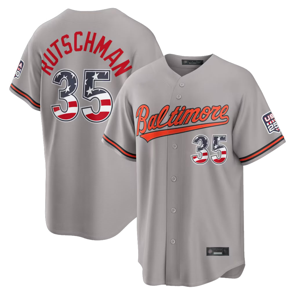 B.Orioles #35 Adley Rutschman Player Gray USA 250 Fourth of July Home Game Ddoa Stitched Jerseys