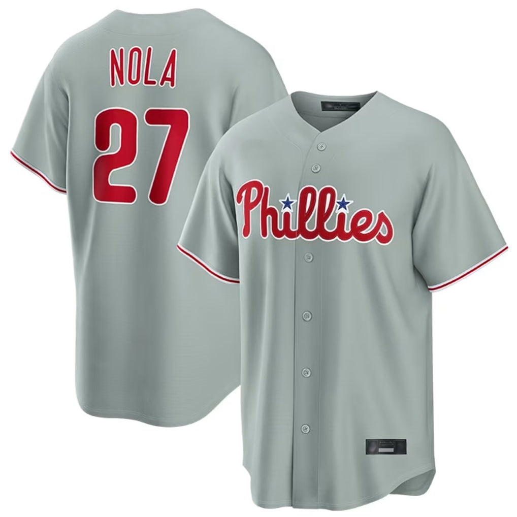 P.Phillies #27 Aaron Nola Player Gray Home Game Ddoa Stitched Jerseys