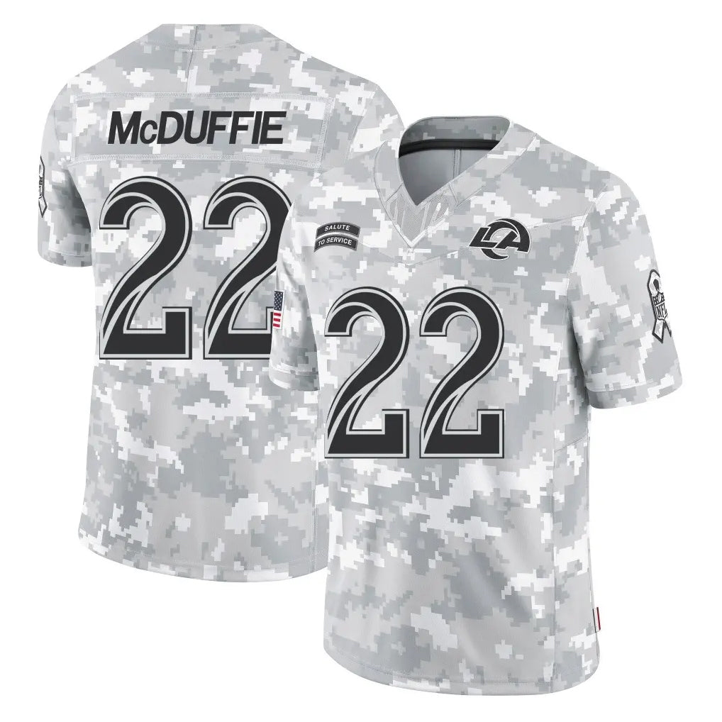 LA.Rams #22 Trent McDuffie Player Arctic Camo Salute To Service Limited Game Ddoa Stitched Jerseys