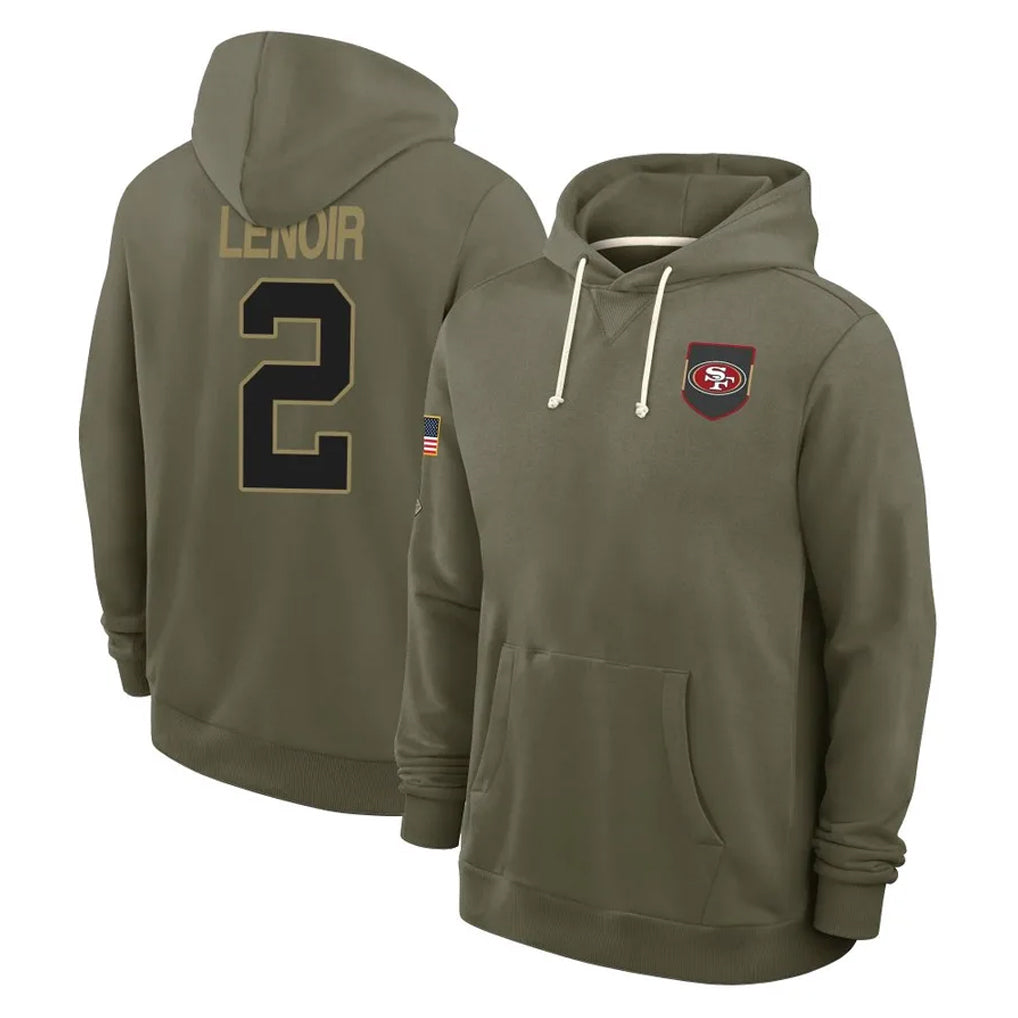 SF.49ers #2 Deommodore Lenoir Player Olive Salute to Service Pullover Hoodies Limited Ddoa Stitched Jerseys