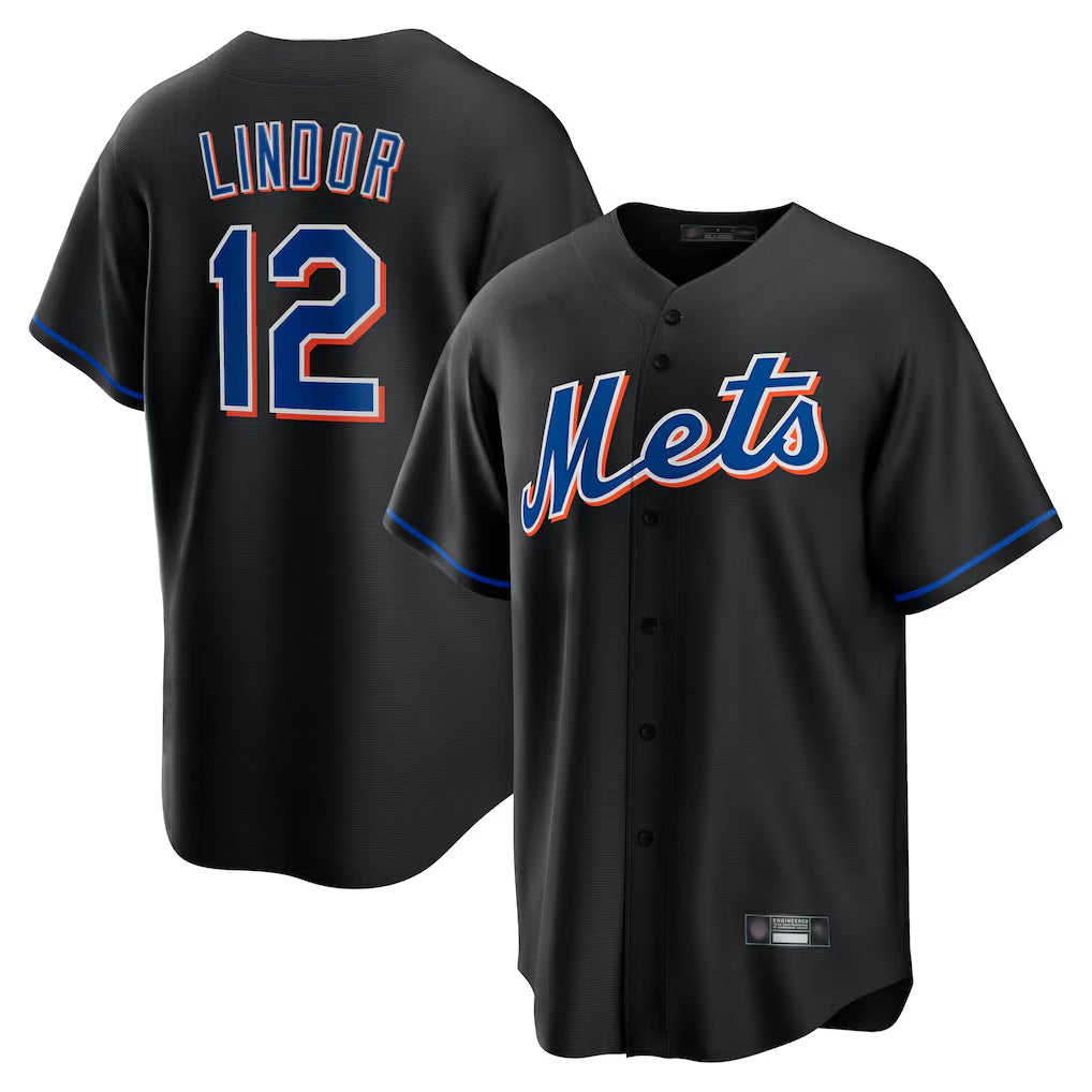 NY.Mets #12 Francisco Lindor Player Black Replica Home Game Ddoa Stitched Jerseys
