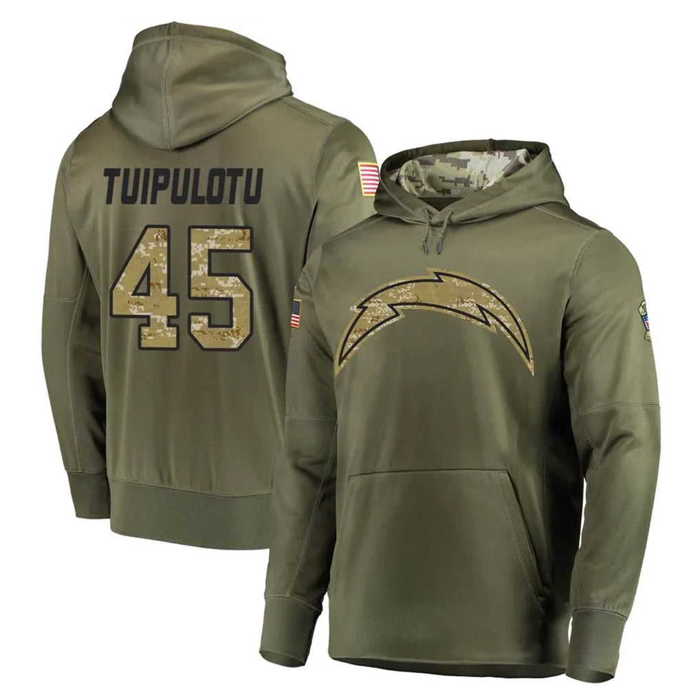 LA.Chargers #45 Tuli Tuipulotu Player Olive Salute to Service Pullover Hoodies Home Game Ddoa Stitched Jerseys