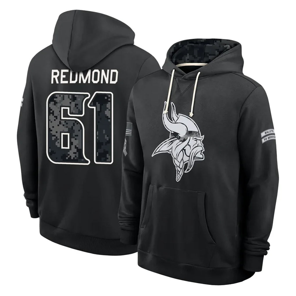 MN.Vikings #61 Jalen Redmond Player 2026 Black Logo Pullover Hoodies Limited Game Ddoa Stitched Jerseys