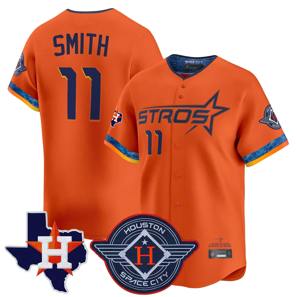 H.Astros #11 Cam Smith Player Orange City Connect Texas Patch Vapor Premier Limited Home Ddoa Stitched Jerseys