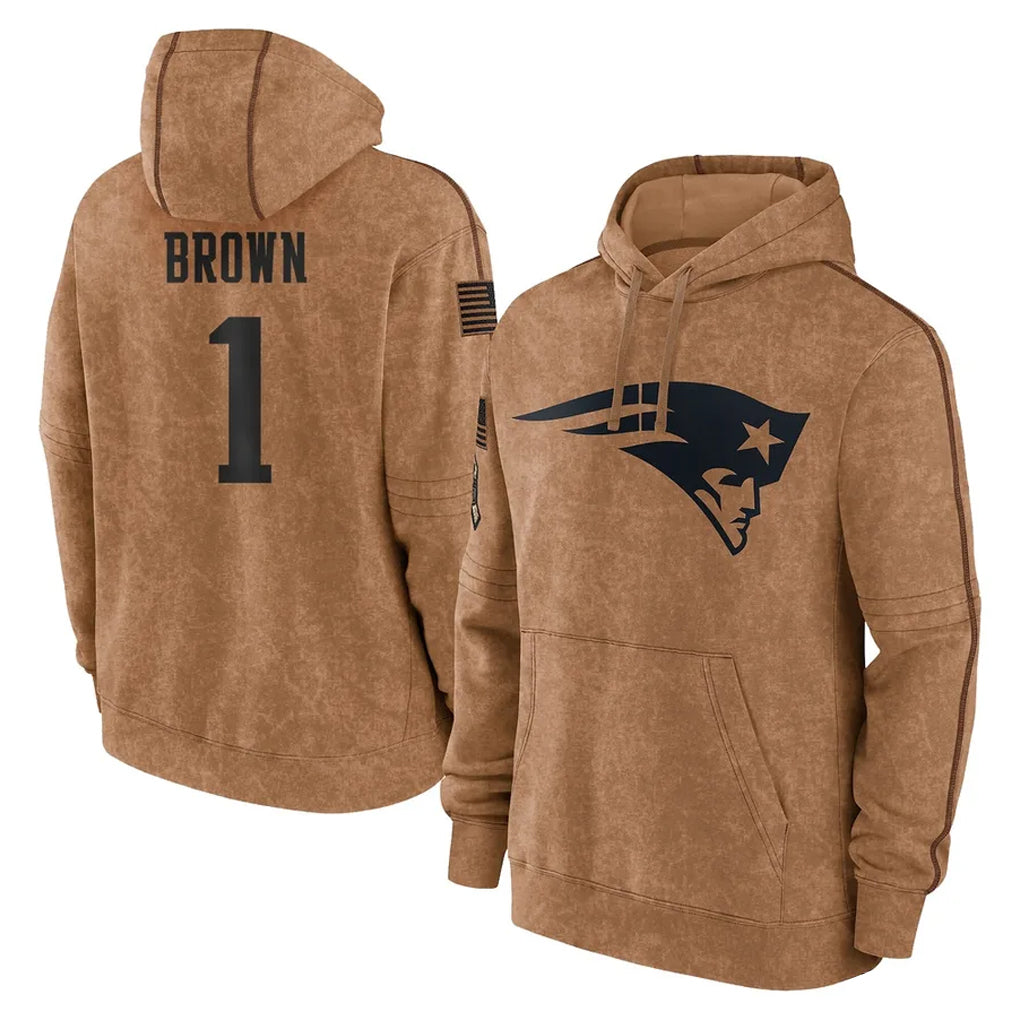 NE.Patriots #1 A.J. Brown Player Brown Salute to Service Pullover Hoodies Limited Game Ddoa Stitched Jerseys