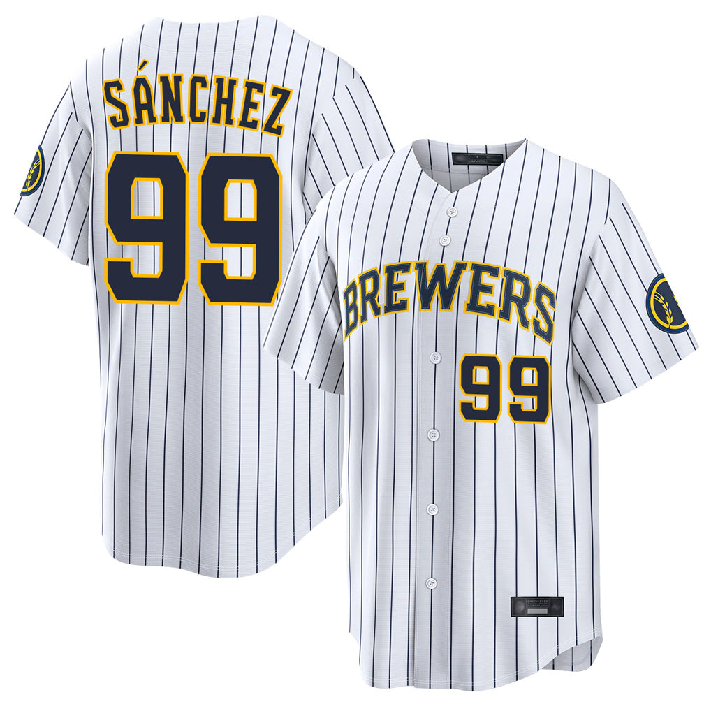 M.Brewers #99 Gary Sanchez Player White Stripes Home Limited Game Ddoa Stitched Jerseys